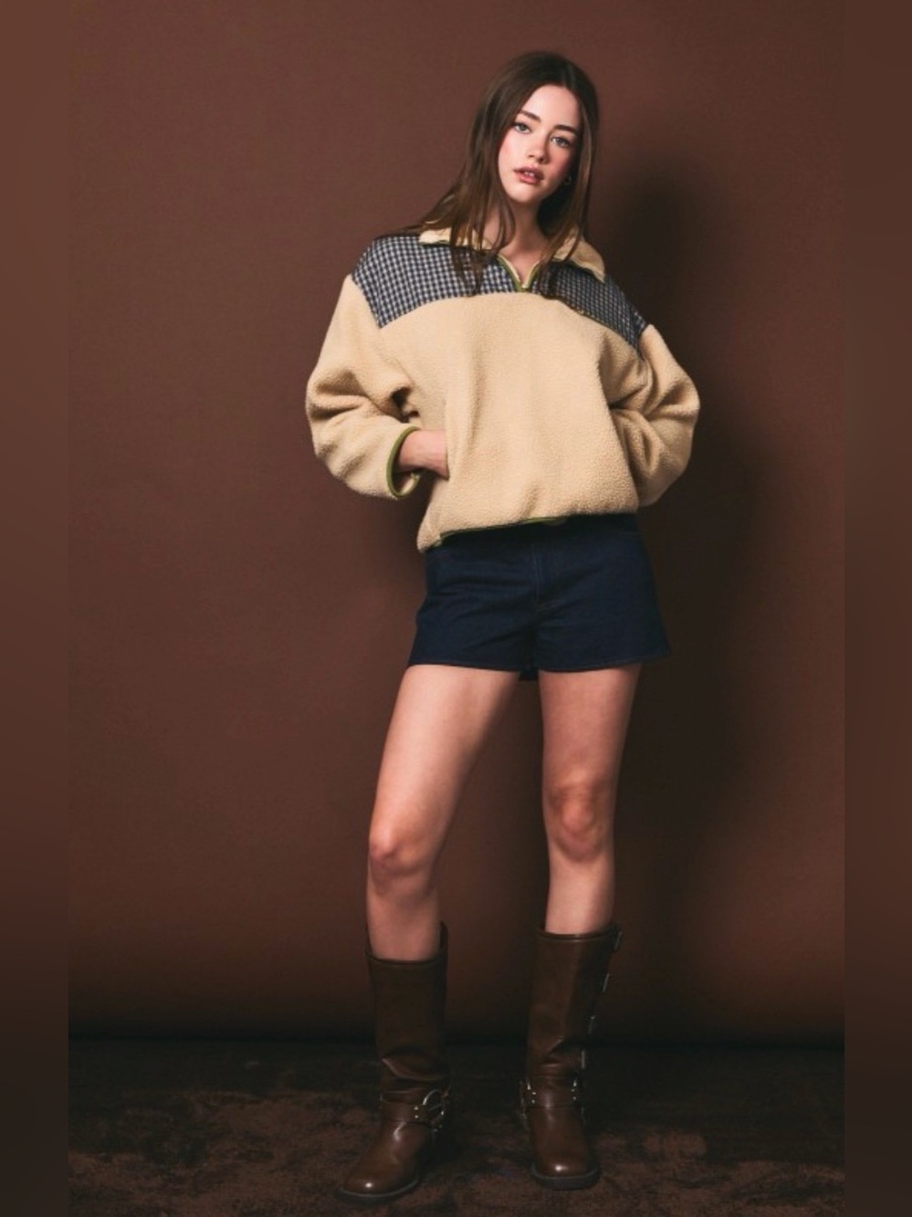 337 Le Lis Cream Sherpa Pullover with Navy Gingham Yoke